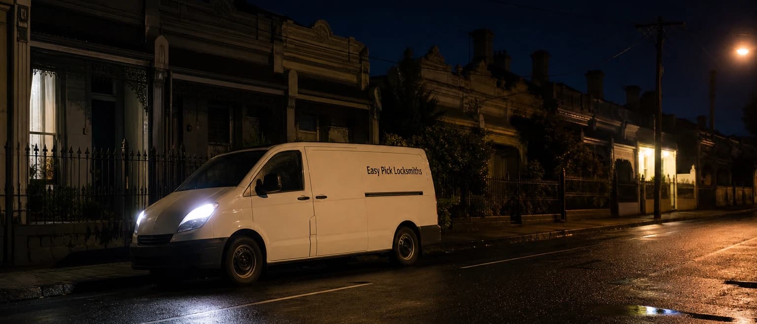 A locksmith's van parked at night on a wet Richmond street lined with Victorian terraces