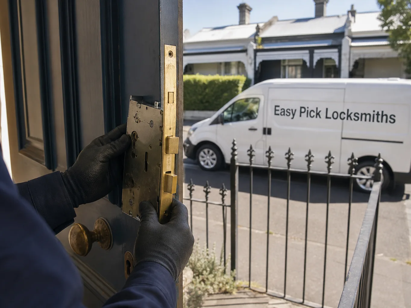 A locksmith working on a front door in Abbotsford VIC 3067, the Easy Pick Locksmiths van at the kerb