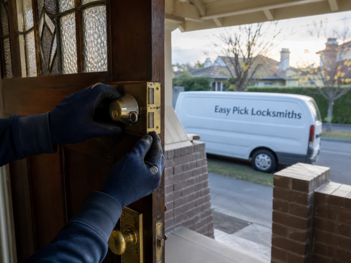 A locksmith working on a front door in Aberfeldie VIC 3040, the Easy Pick Locksmiths van at the kerb