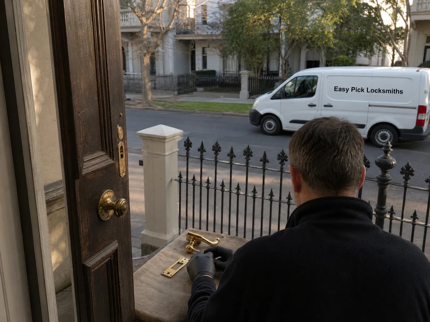 A locksmith working on a front door in Albert Park VIC 3206, the Easy Pick Locksmiths van at the kerb