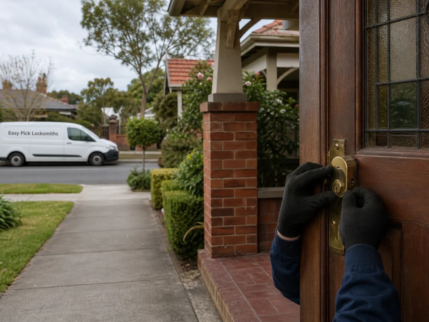 A locksmith working on a front door in Alphington VIC 3078, the Easy Pick Locksmiths van at the kerb