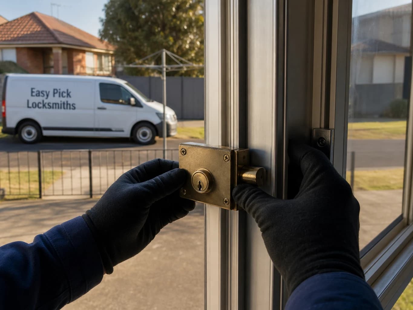 A locksmith working on a front door in Altona VIC 3018, the Easy Pick Locksmiths van at the kerb