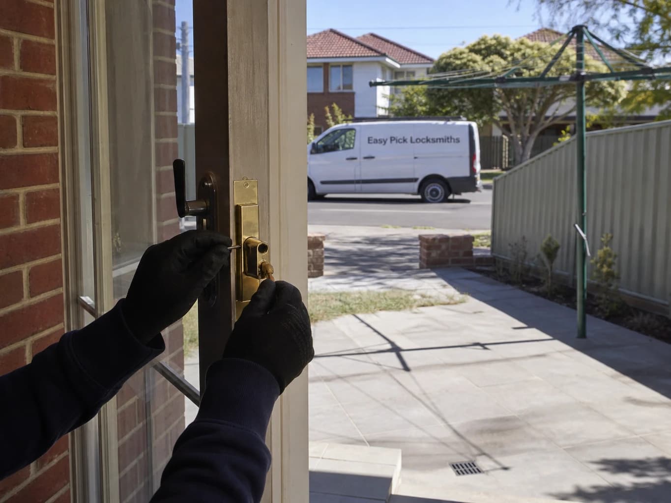 A locksmith working on a front door in Ashburton VIC 3147, the Easy Pick Locksmiths van at the kerb