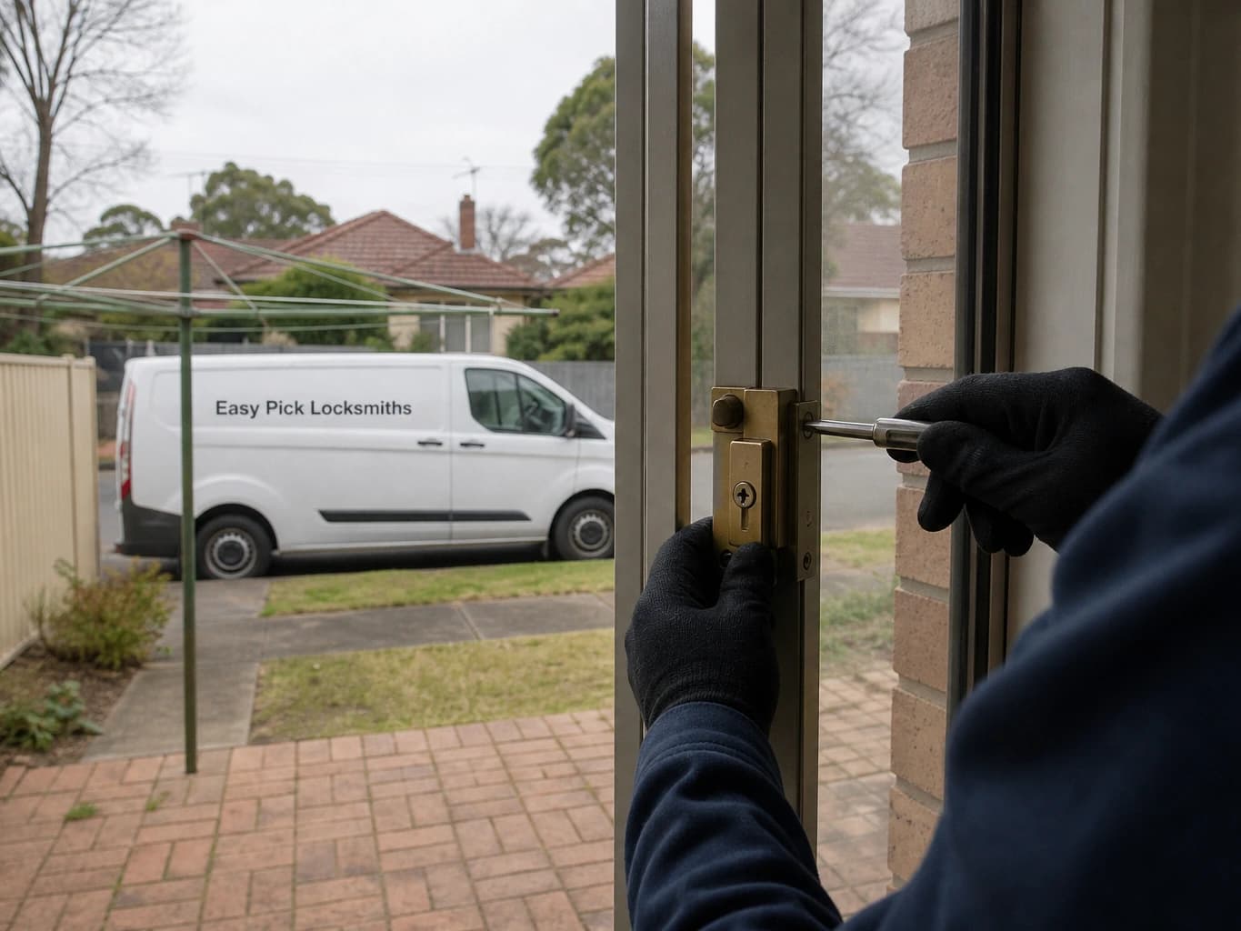 A locksmith working on a front door in Balwyn North VIC 3104, the Easy Pick Locksmiths van at the kerb