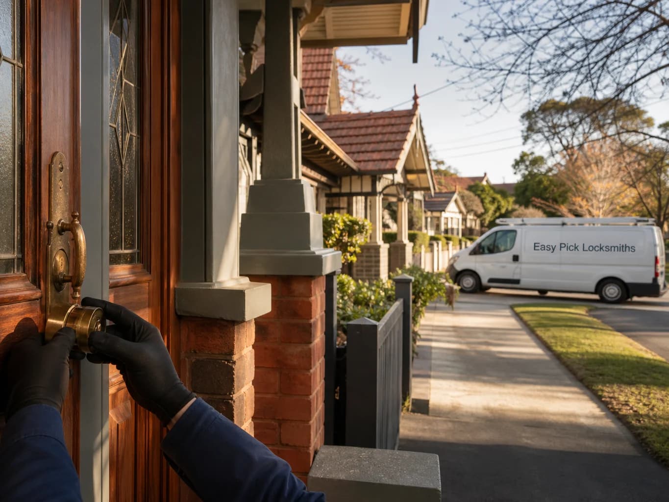A locksmith working on a front door in Balwyn VIC 3103, the Easy Pick Locksmiths van at the kerb