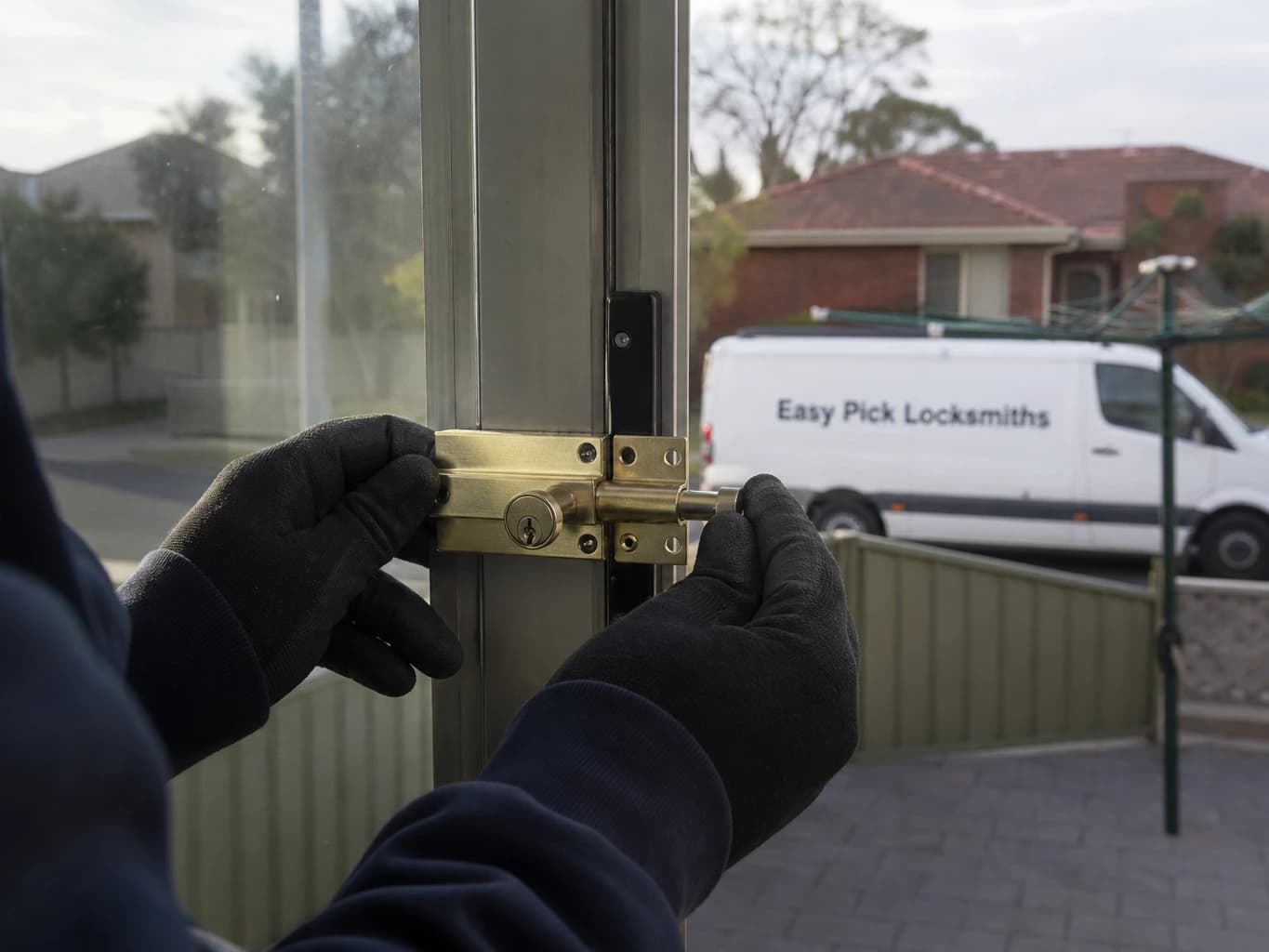 A locksmith working on a front door in Bentleigh East VIC 3165, the Easy Pick Locksmiths van at the kerb