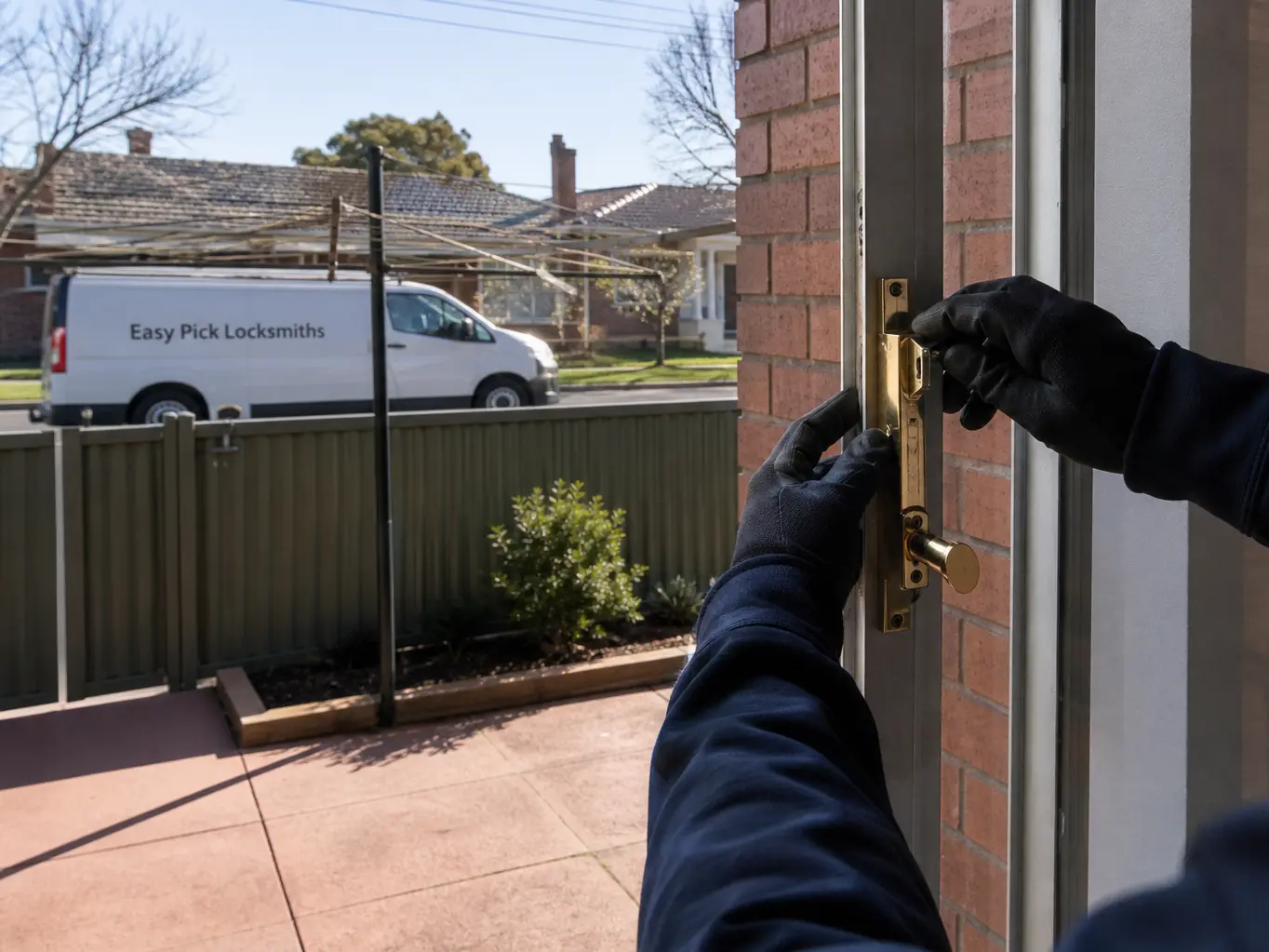 A locksmith working on a front door in Bentleigh VIC 3204, the Easy Pick Locksmiths van at the kerb