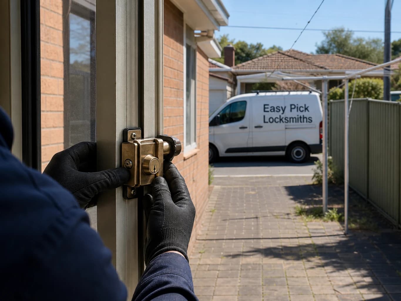 A locksmith working on a front door in Blackburn VIC 3130, the Easy Pick Locksmiths van at the kerb