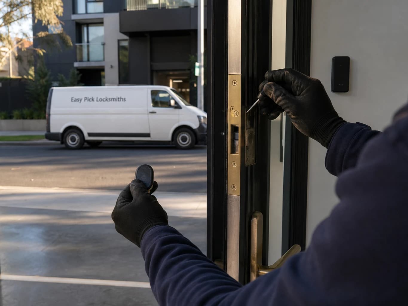 A locksmith working on a front door in Box Hill VIC 3128, the Easy Pick Locksmiths van at the kerb