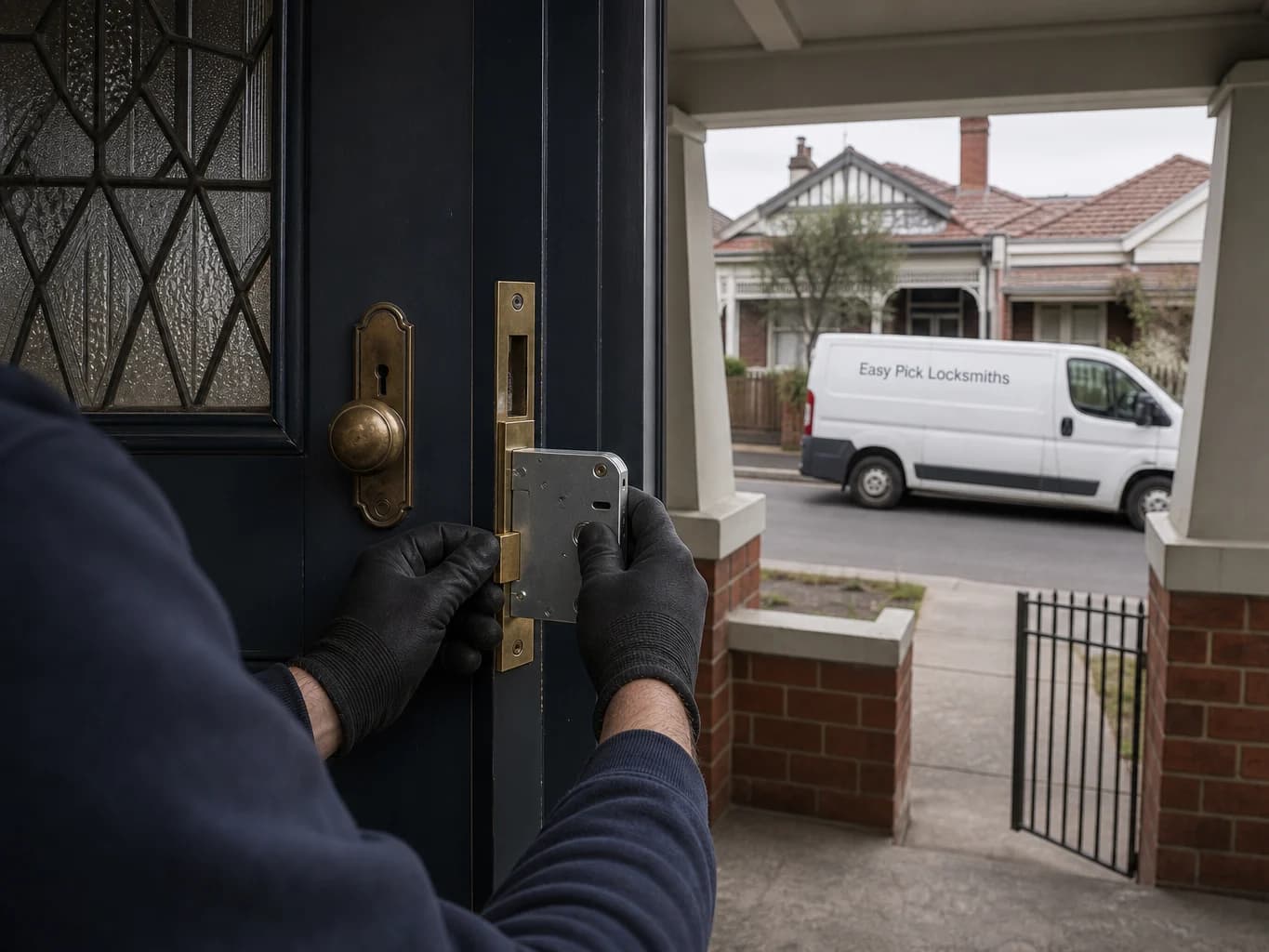 A locksmith working on a front door in Brighton East VIC 3187, the Easy Pick Locksmiths van at the kerb