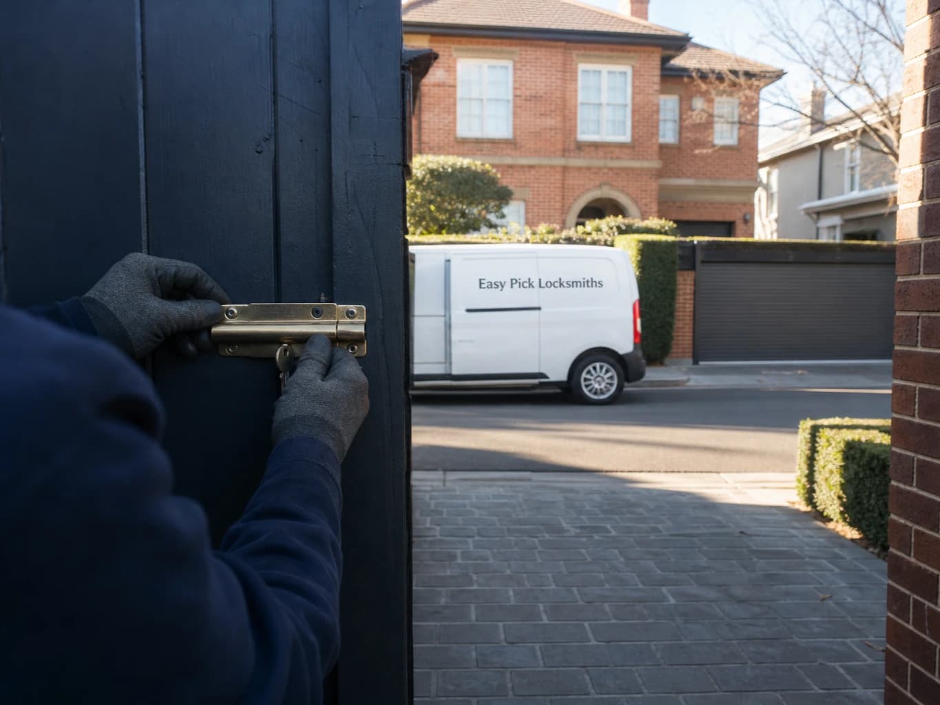 A locksmith working on a front door in Brighton VIC 3186, the Easy Pick Locksmiths van at the kerb