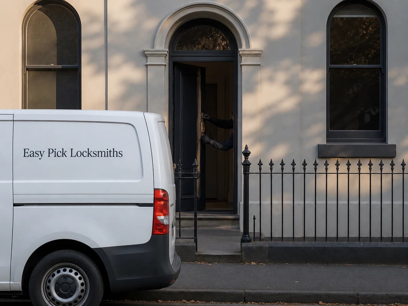 A locksmith working on a front door in Brunswick East VIC 3057, the Easy Pick Locksmiths van at the kerb