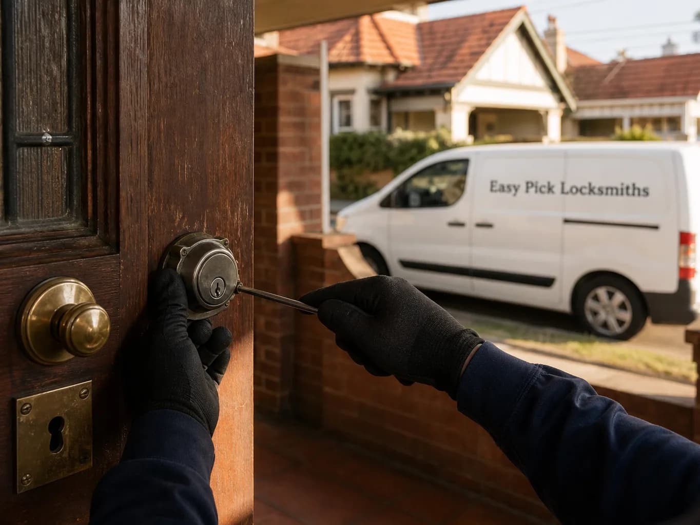 A locksmith working on a front door in Brunswick West VIC 3055, the Easy Pick Locksmiths van at the kerb