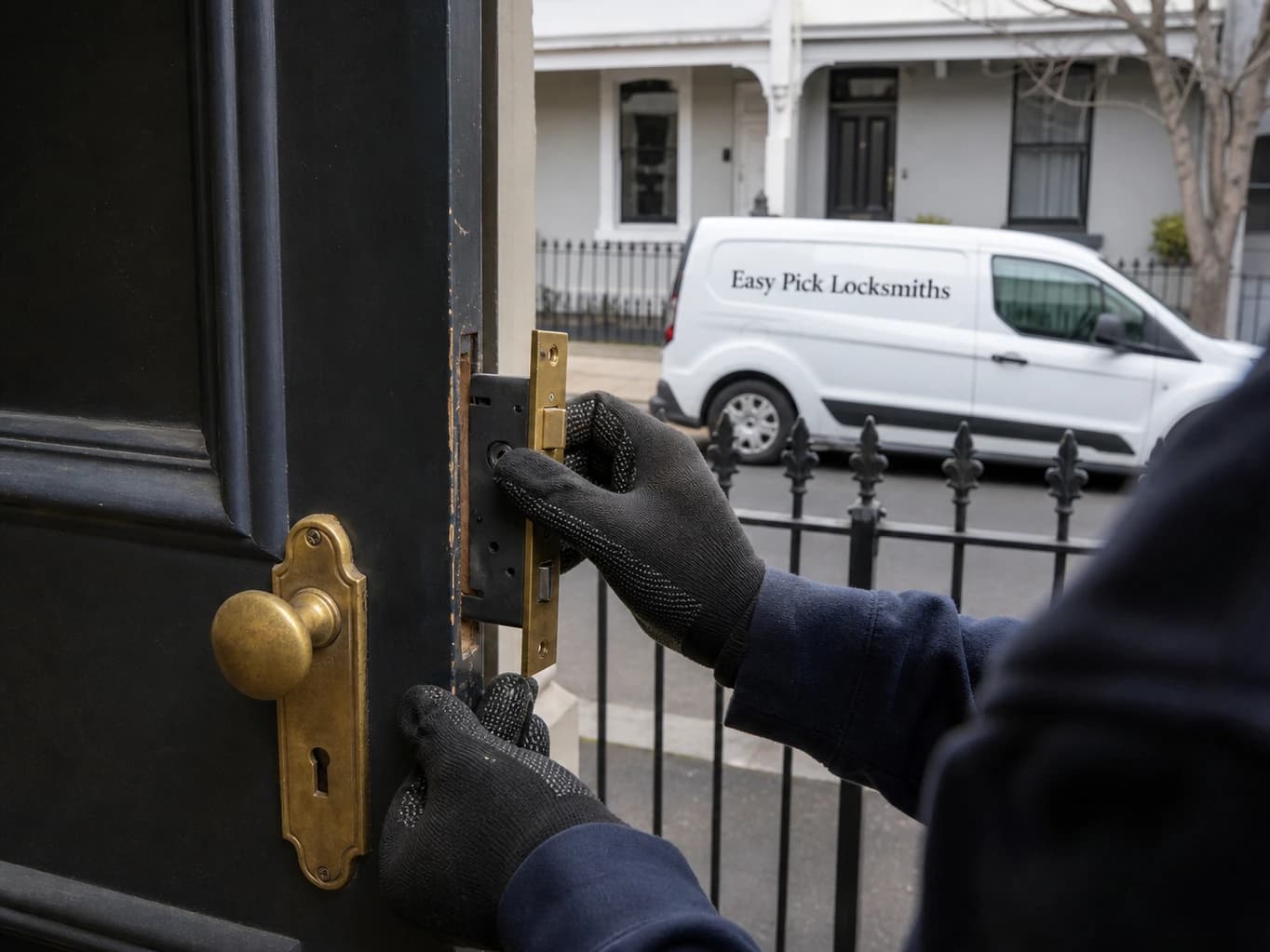 A locksmith working on a front door in Brunswick VIC 3056, the Easy Pick Locksmiths van at the kerb