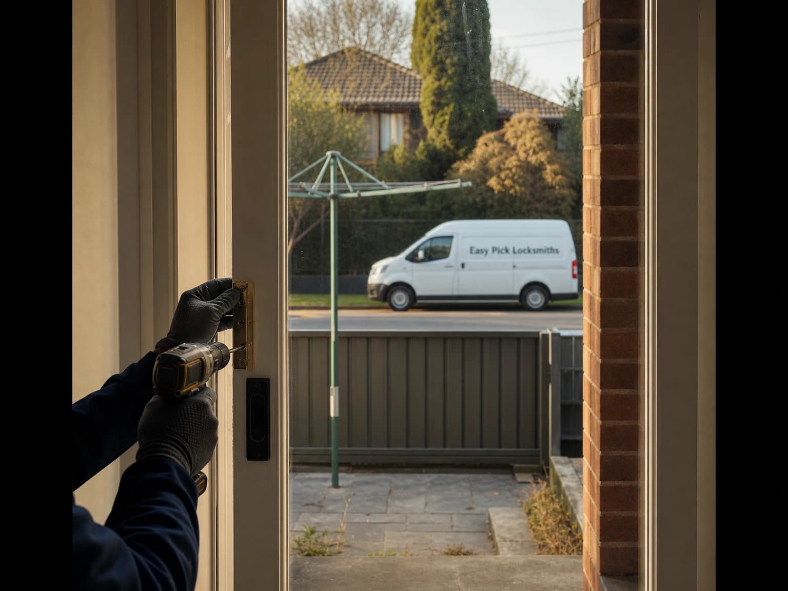 A locksmith working on a front door in Bulleen VIC 3105, the Easy Pick Locksmiths van at the kerb