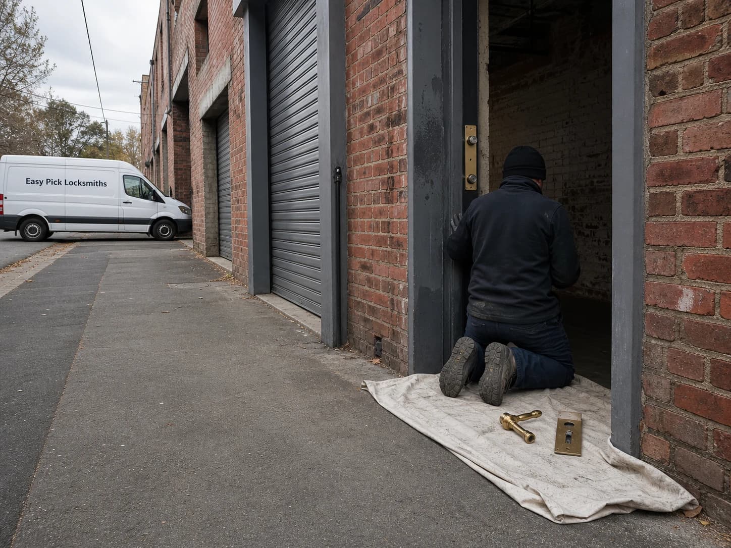 A locksmith working on a front door in Burnley VIC 3121, the Easy Pick Locksmiths van at the kerb