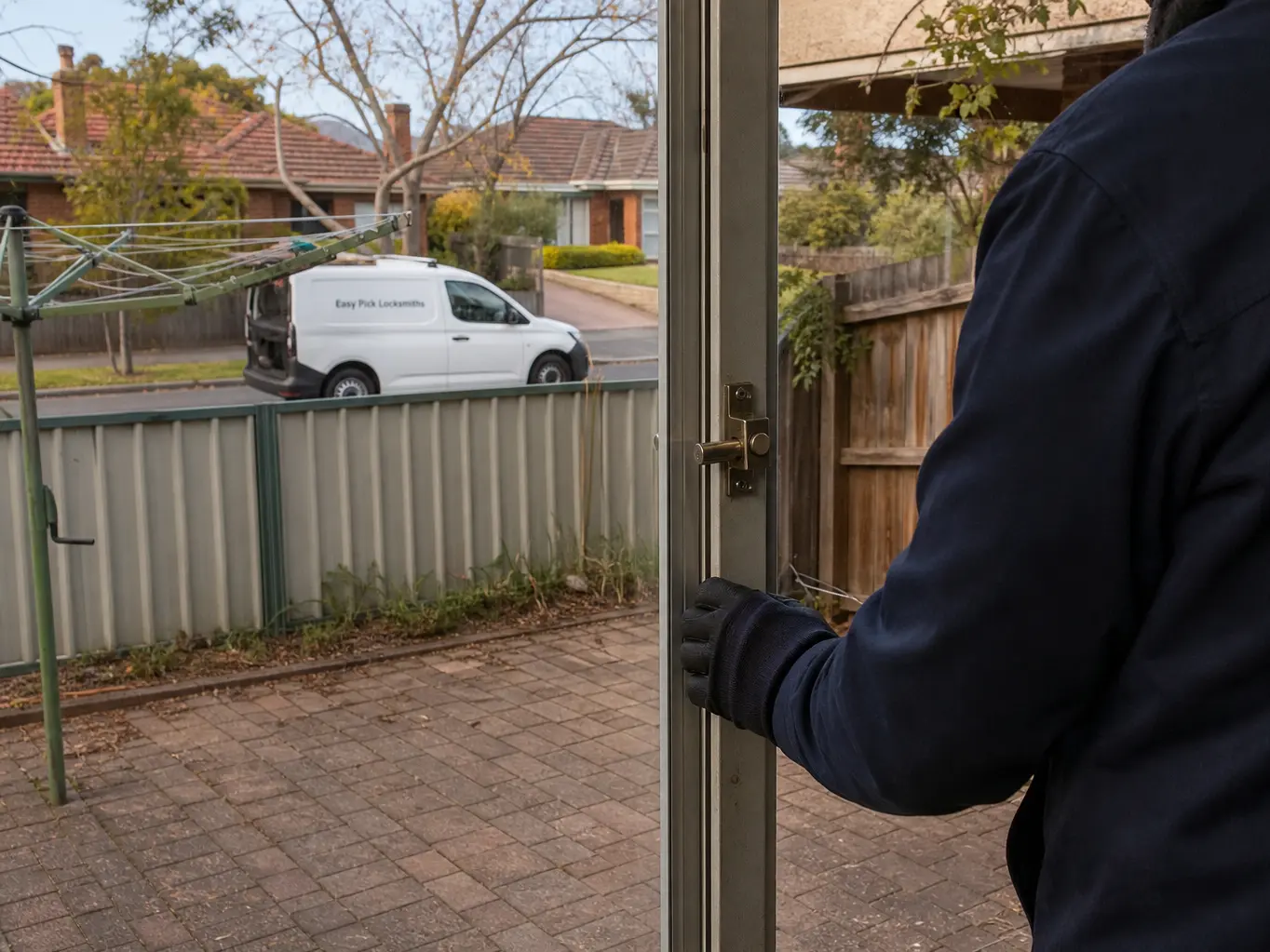 A locksmith working on a front door in Burwood VIC 3125, the Easy Pick Locksmiths van at the kerb