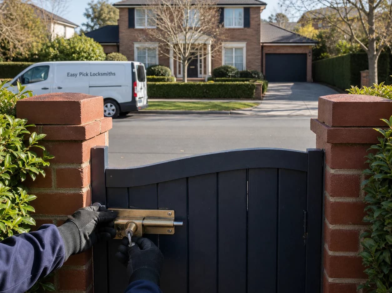 A locksmith working on a front door in Canterbury VIC 3126, the Easy Pick Locksmiths van at the kerb