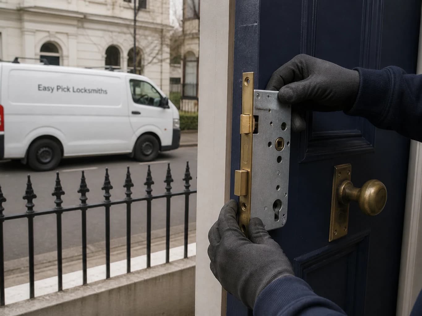 A locksmith working on a front door in Carlton North VIC 3054, the Easy Pick Locksmiths van at the kerb