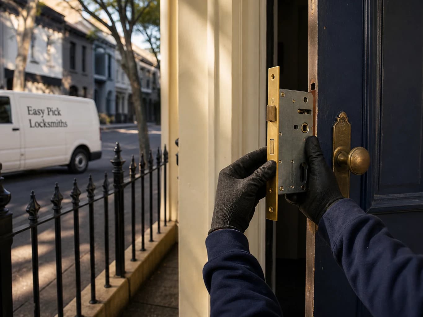A locksmith working on a front door in Carlton VIC 3053, the Easy Pick Locksmiths van at the kerb