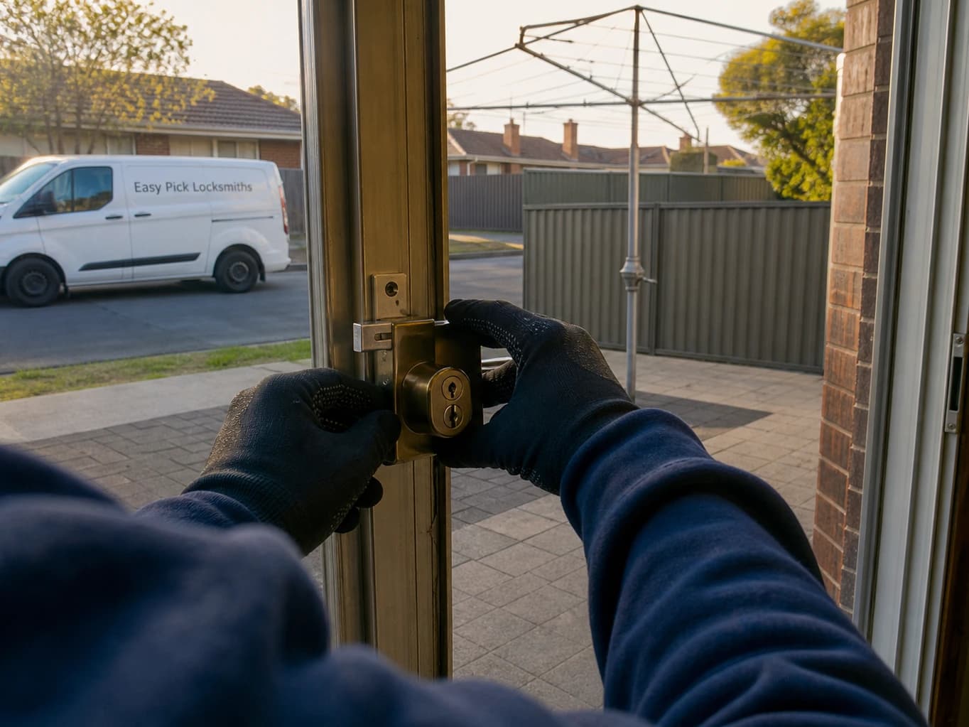 A locksmith working on a front door in Carnegie VIC 3163, the Easy Pick Locksmiths van at the kerb