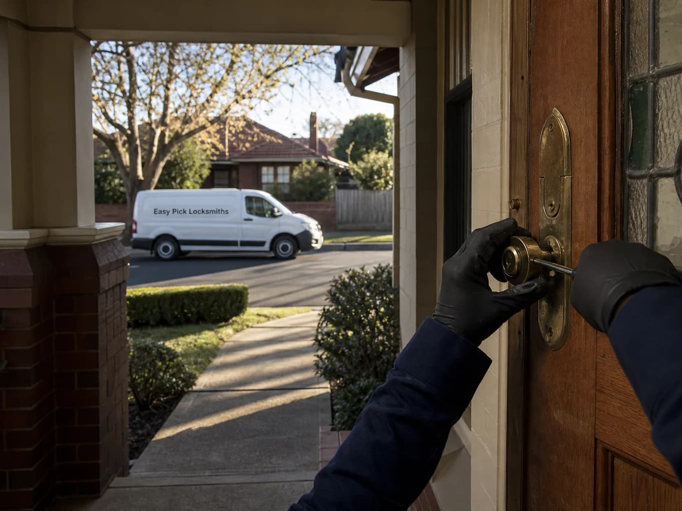 A locksmith working on a front door in Caulfield North VIC 3161, the Easy Pick Locksmiths van at the kerb