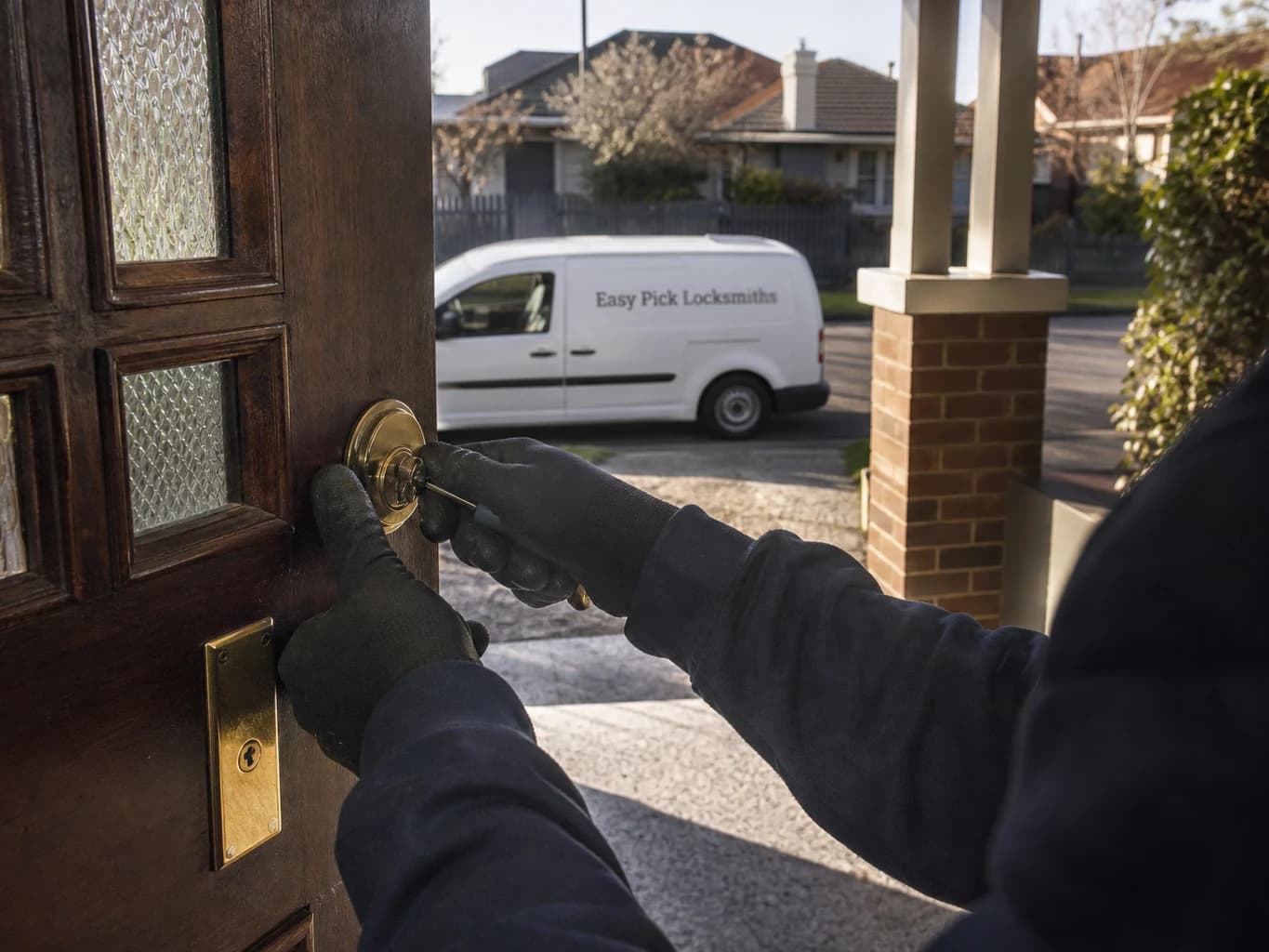 A locksmith working on a front door in Caulfield South VIC 3162, the Easy Pick Locksmiths van at the kerb