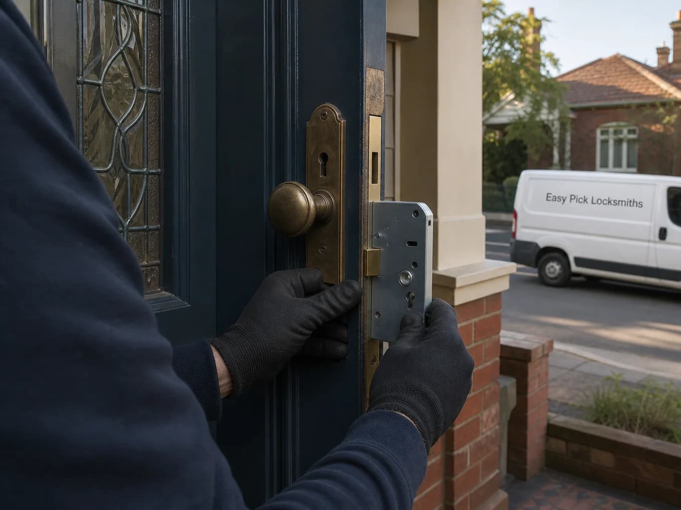 A locksmith working on a front door in Caulfield VIC 3162, the Easy Pick Locksmiths van at the kerb