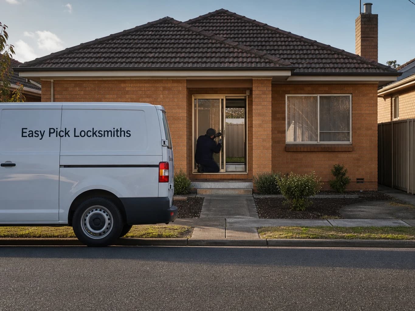 A locksmith working on a front door in Chadstone VIC 3148, the Easy Pick Locksmiths van at the kerb