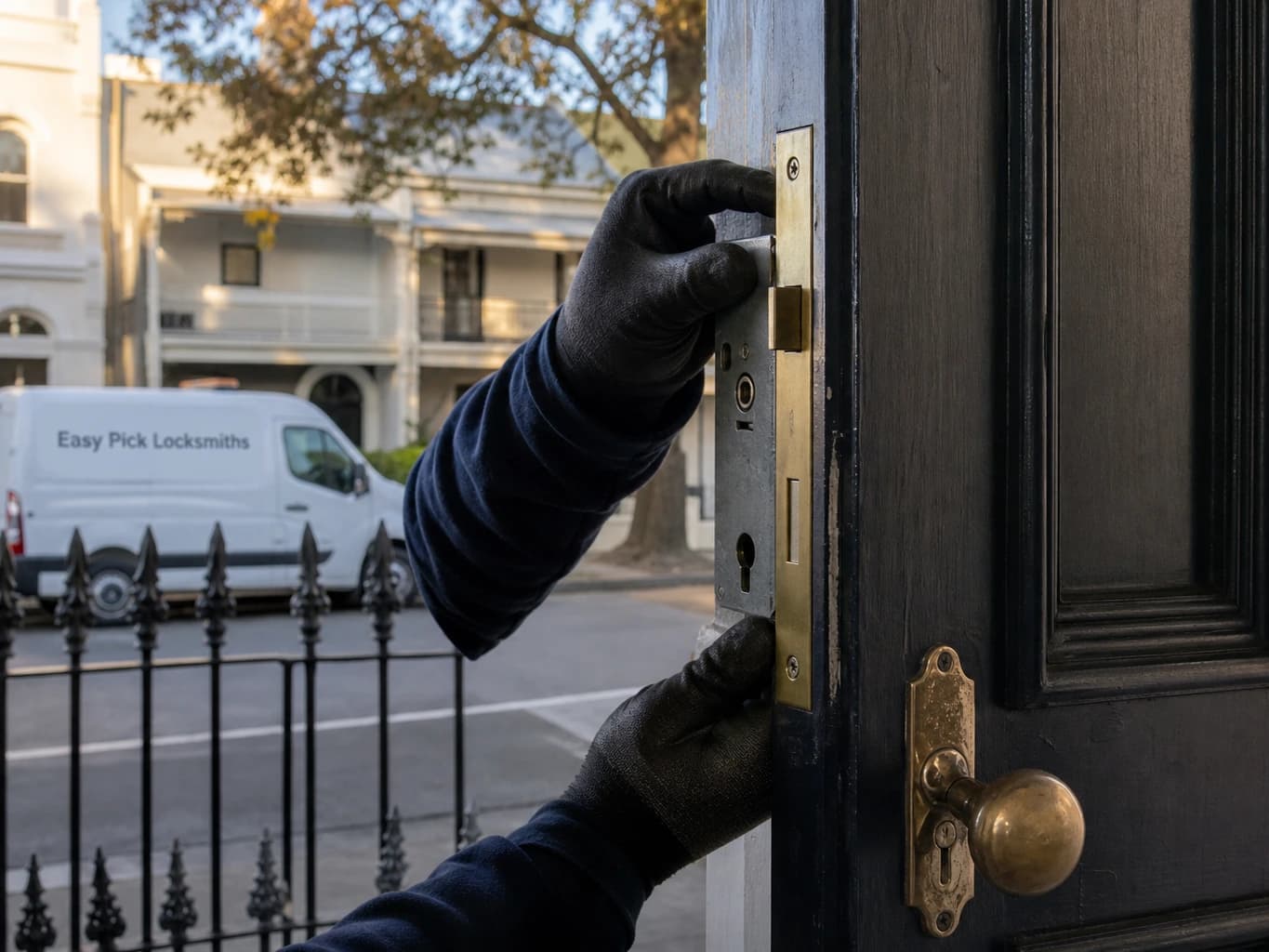 A locksmith working on a front door in Clifton Hill VIC 3068, the Easy Pick Locksmiths van at the kerb