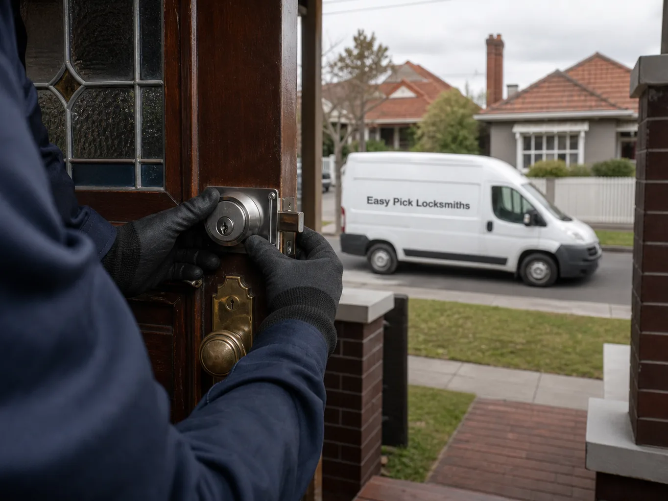 A locksmith working on a front door in Coburg VIC 3058, the Easy Pick Locksmiths van at the kerb