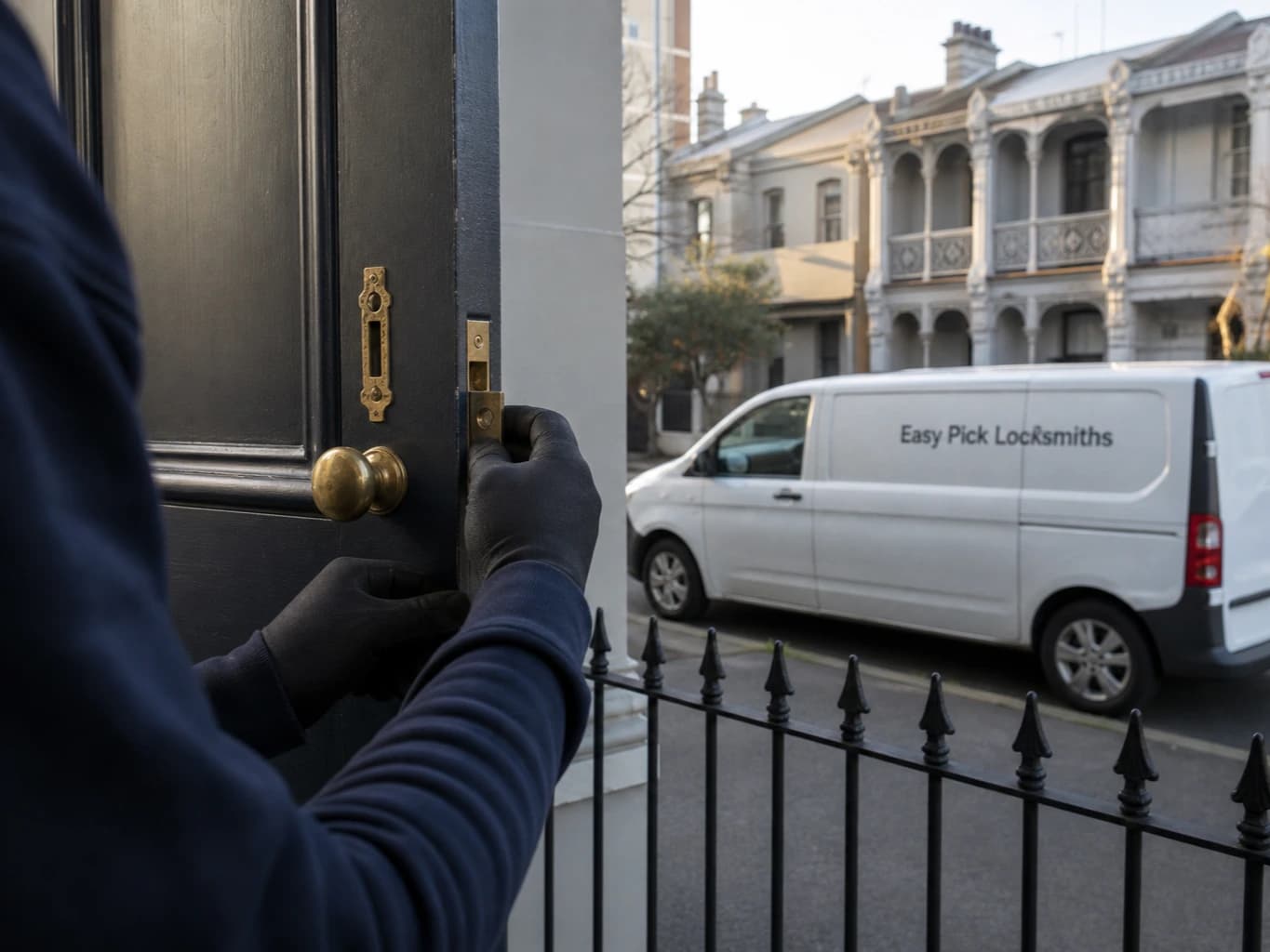 A locksmith working on a front door in Collingwood VIC 3066, the Easy Pick Locksmiths van at the kerb
