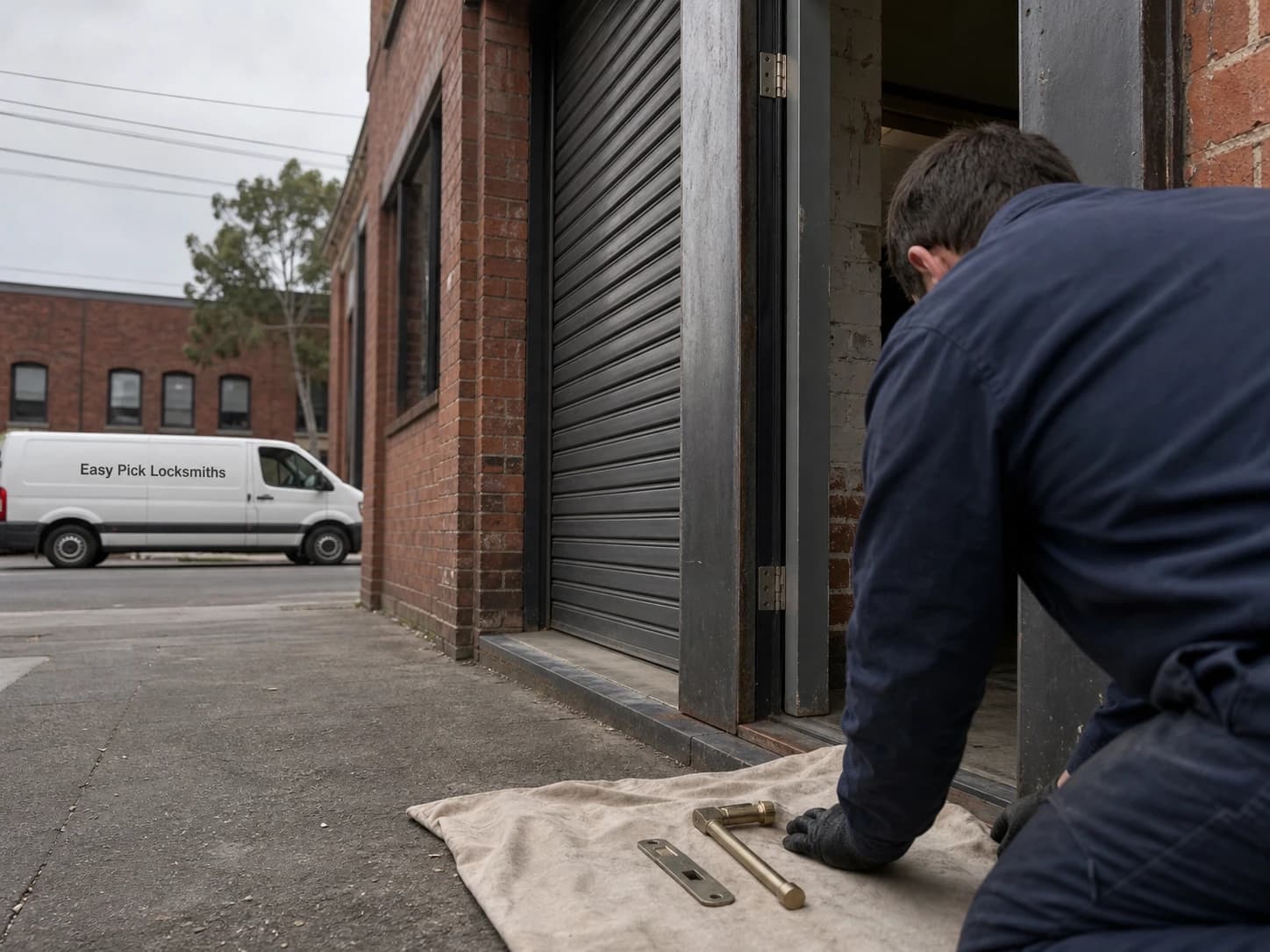 A locksmith working on a front door in Cremorne VIC 3121, the Easy Pick Locksmiths van at the kerb