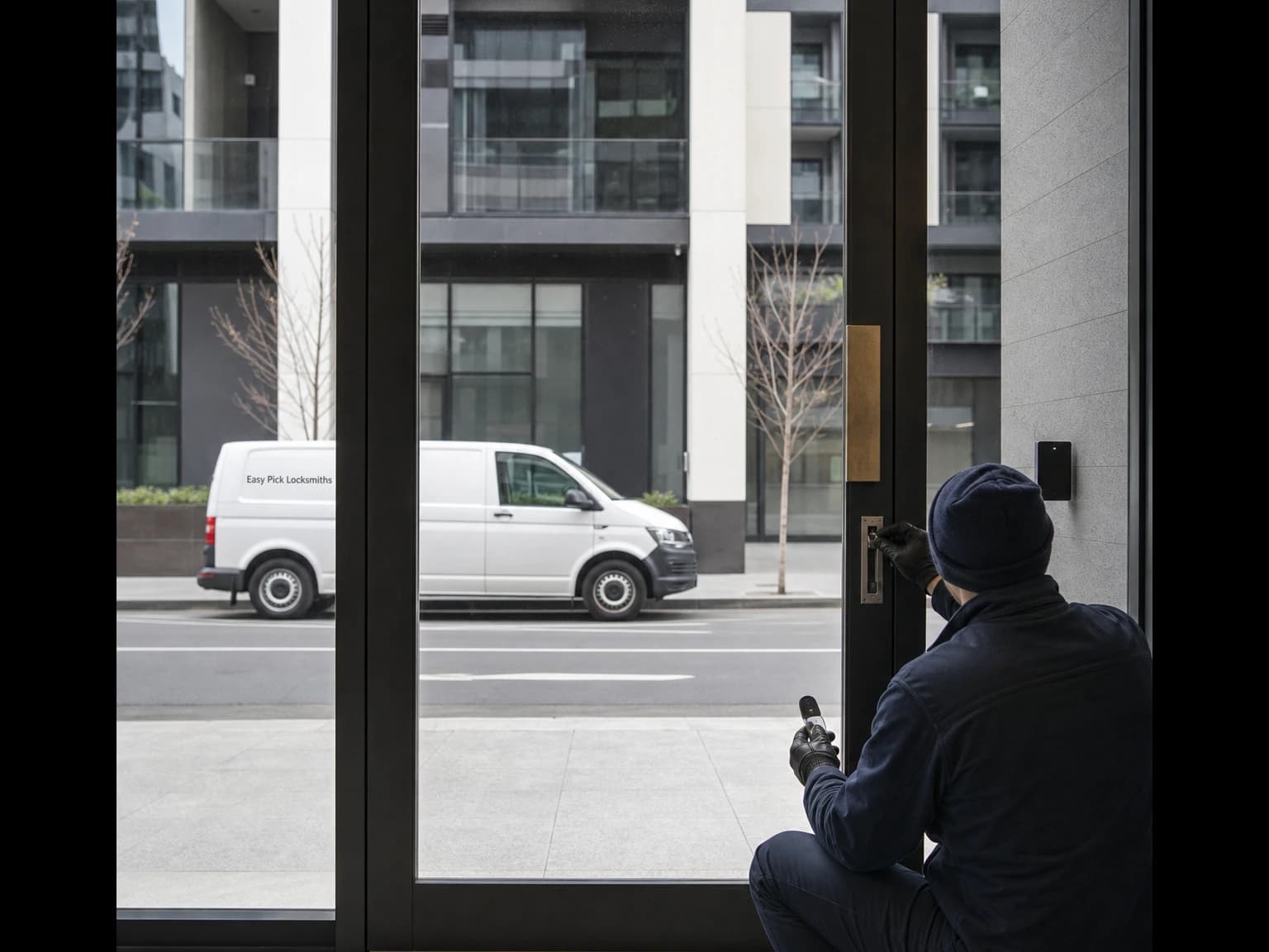 A locksmith working on a front door in Docklands VIC 3008, the Easy Pick Locksmiths van at the kerb