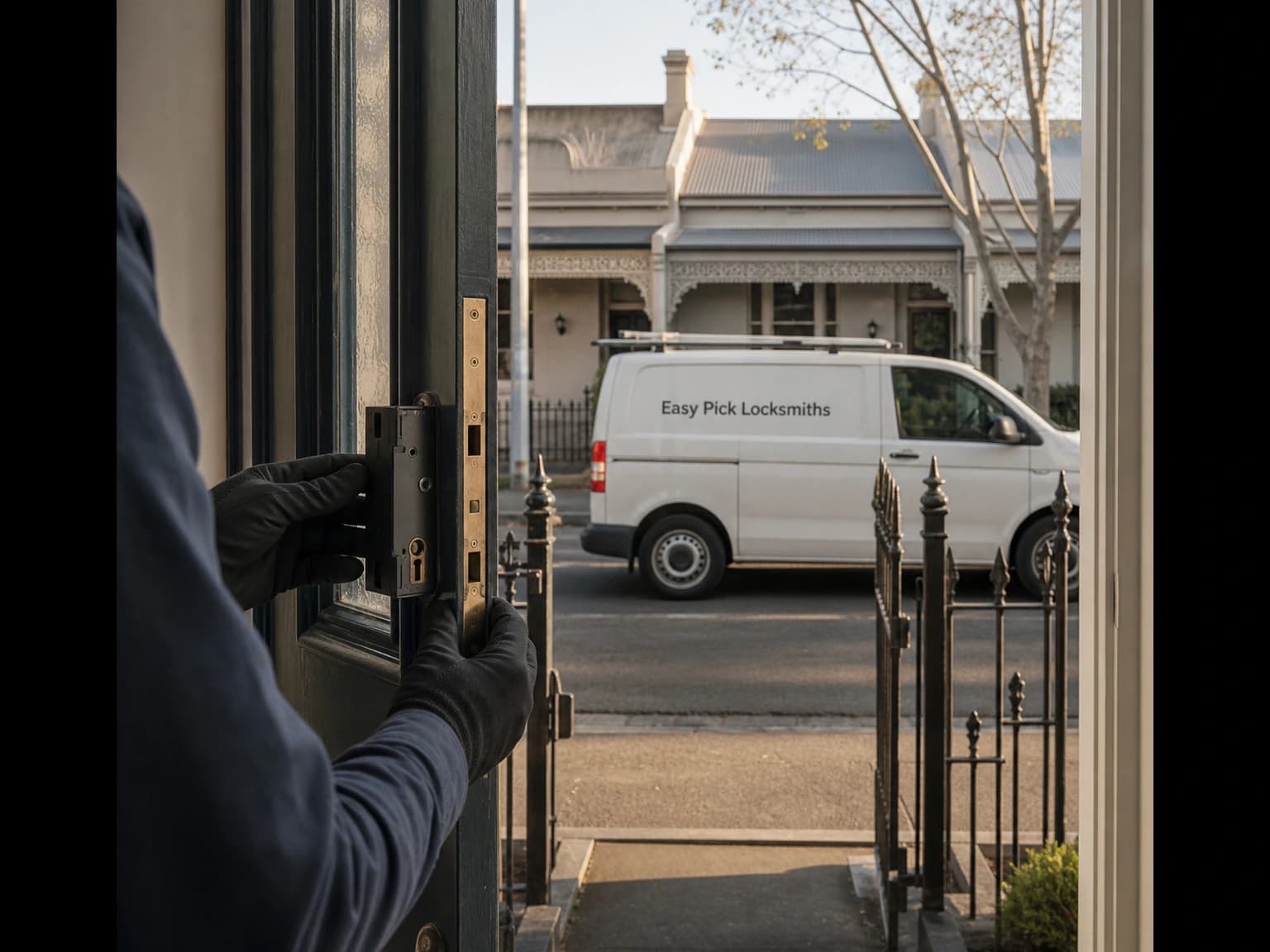 A locksmith working on a front door in East Melbourne VIC 3002, the Easy Pick Locksmiths van at the kerb