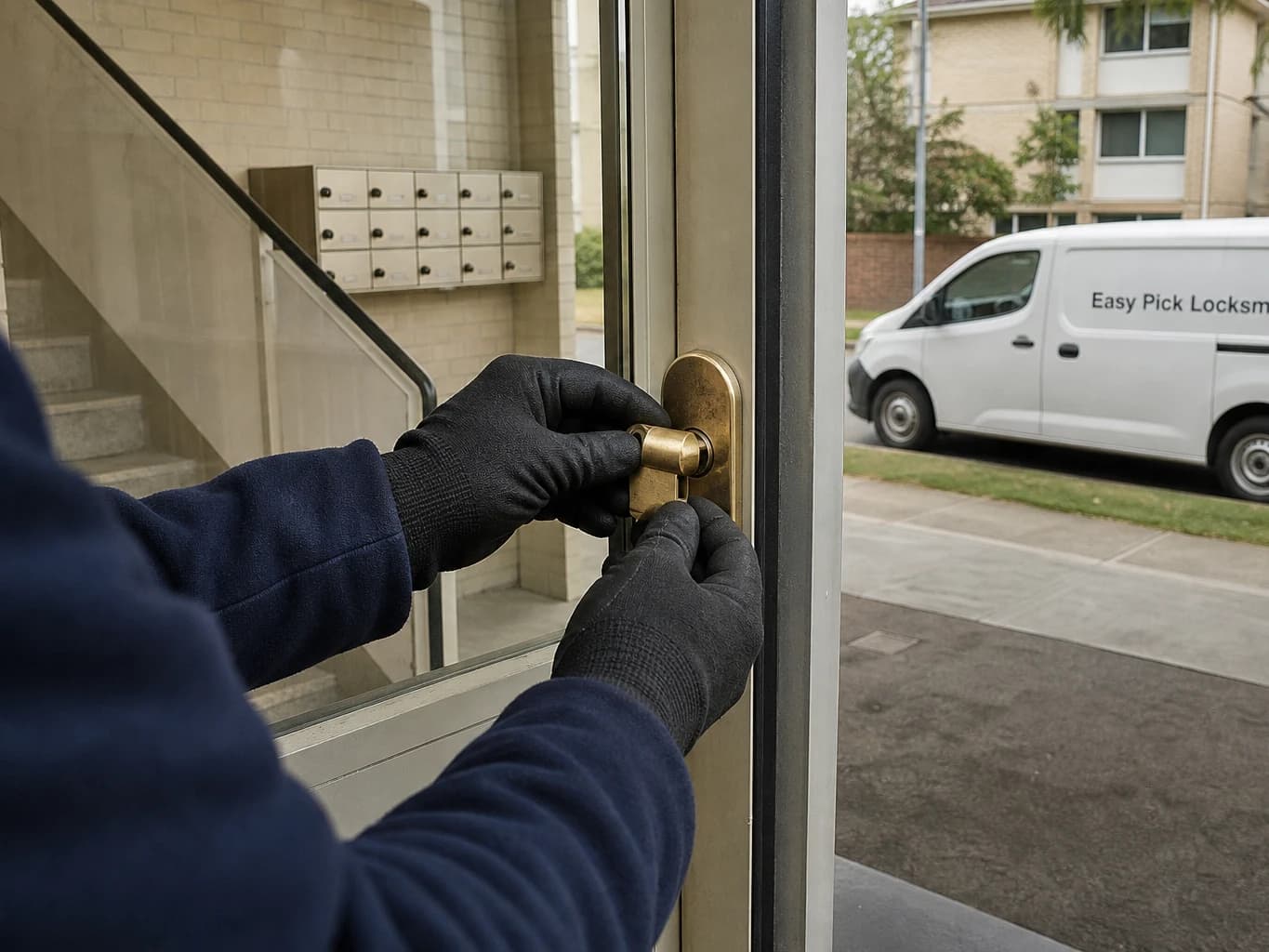 A locksmith working on a front door in Elwood VIC 3184, the Easy Pick Locksmiths van at the kerb