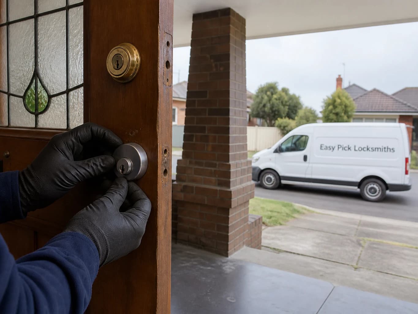 A locksmith working on a front door in Essendon VIC 3040, the Easy Pick Locksmiths van at the kerb