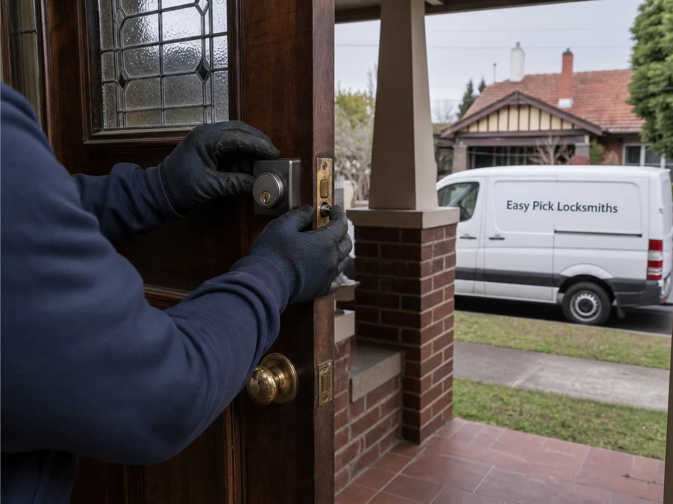 A locksmith working on a front door in Fairfield VIC 3078, the Easy Pick Locksmiths van at the kerb