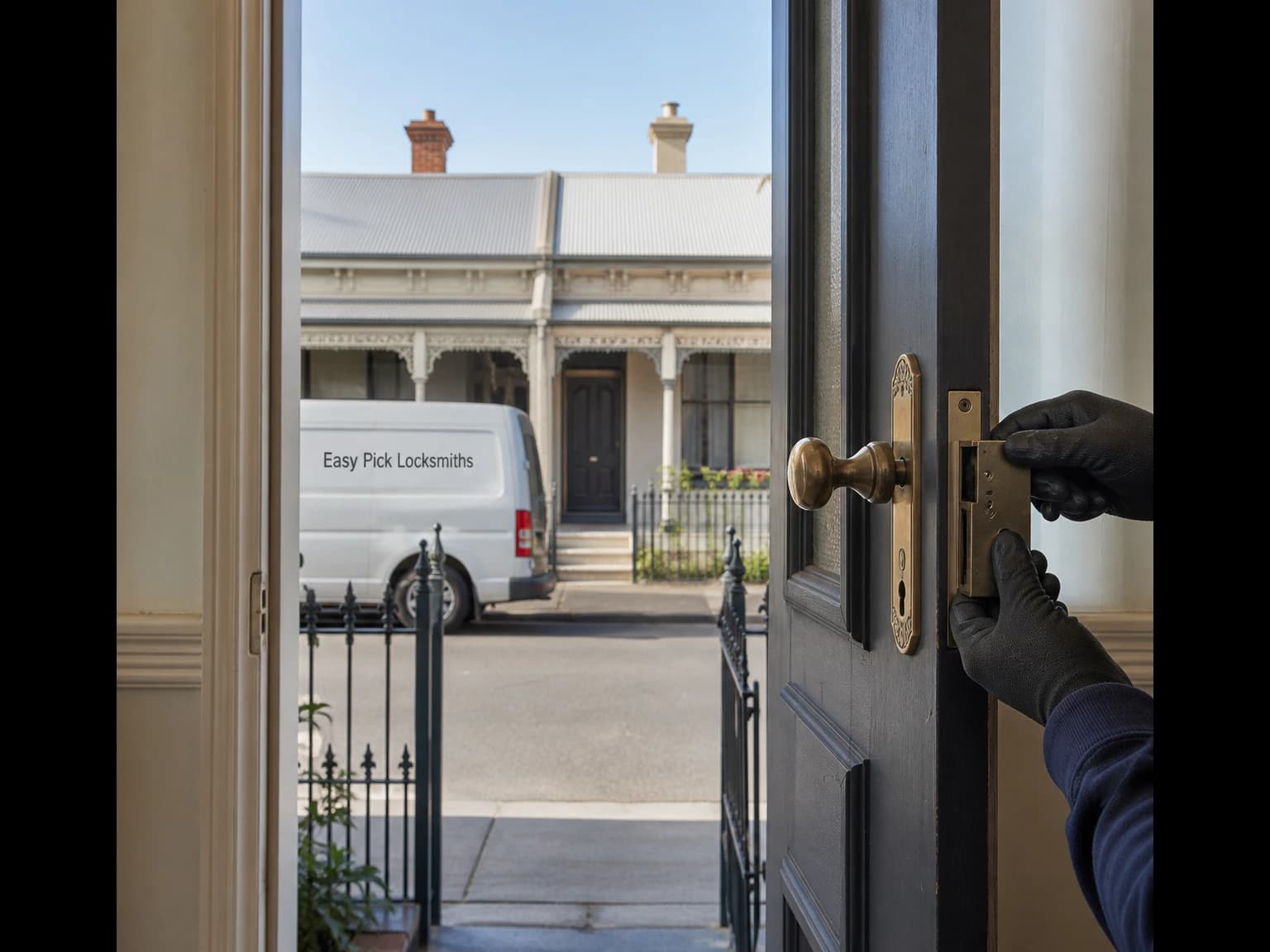 A locksmith working on a front door in Fitzroy North VIC 3068, the Easy Pick Locksmiths van at the kerb