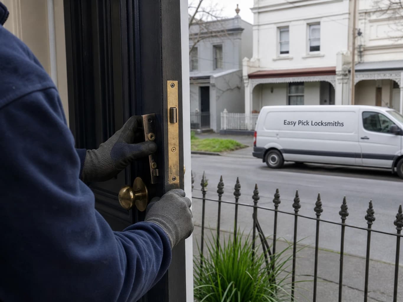 A locksmith working on a front door in Fitzroy VIC 3065, the Easy Pick Locksmiths van at the kerb
