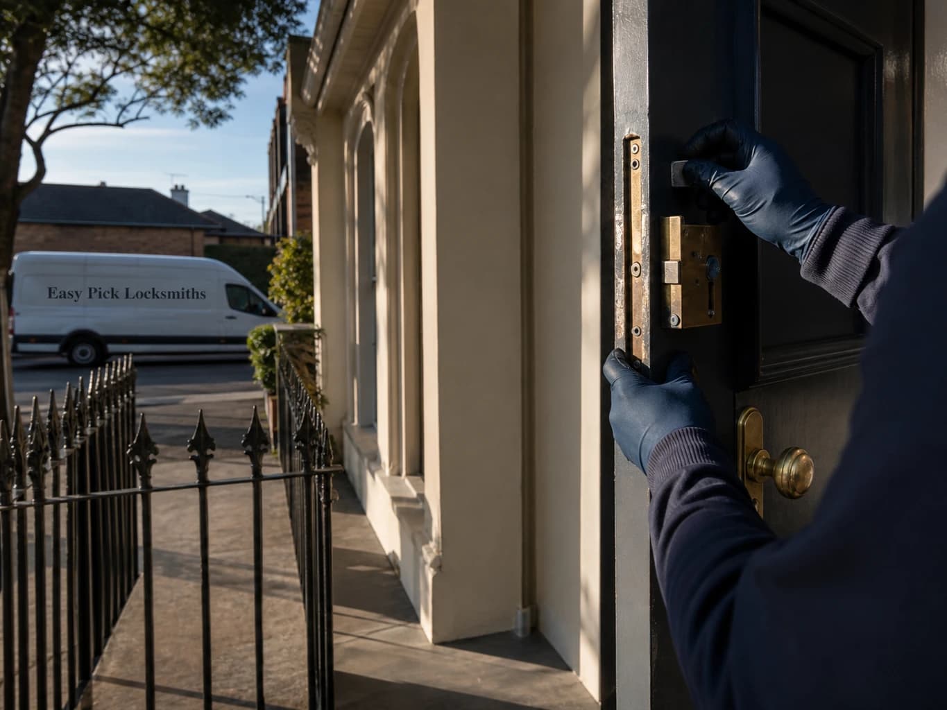 A locksmith working on a front door in Flemington VIC 3031, the Easy Pick Locksmiths van at the kerb