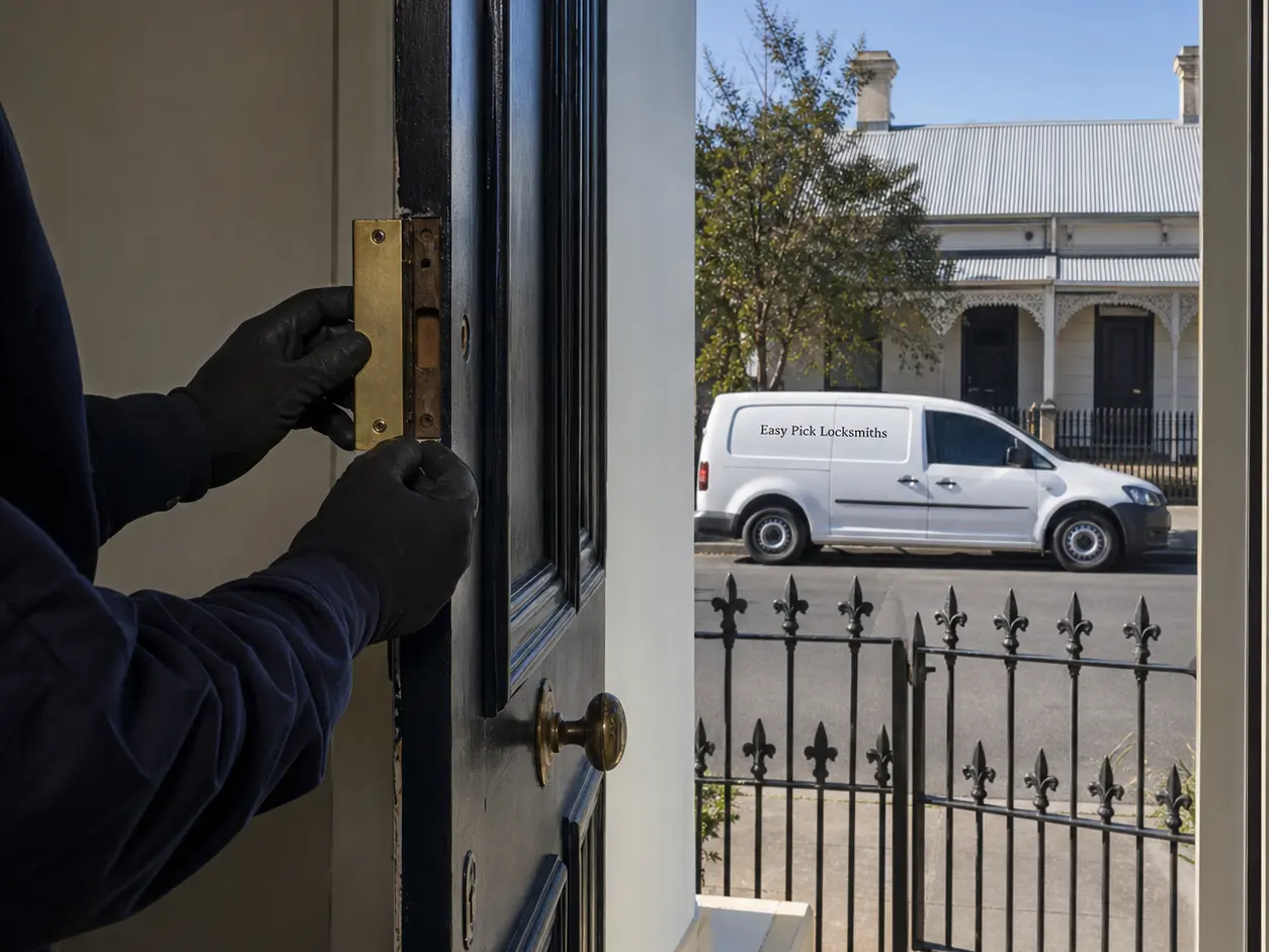 A locksmith working on a front door in Footscray VIC 3011, the Easy Pick Locksmiths van at the kerb