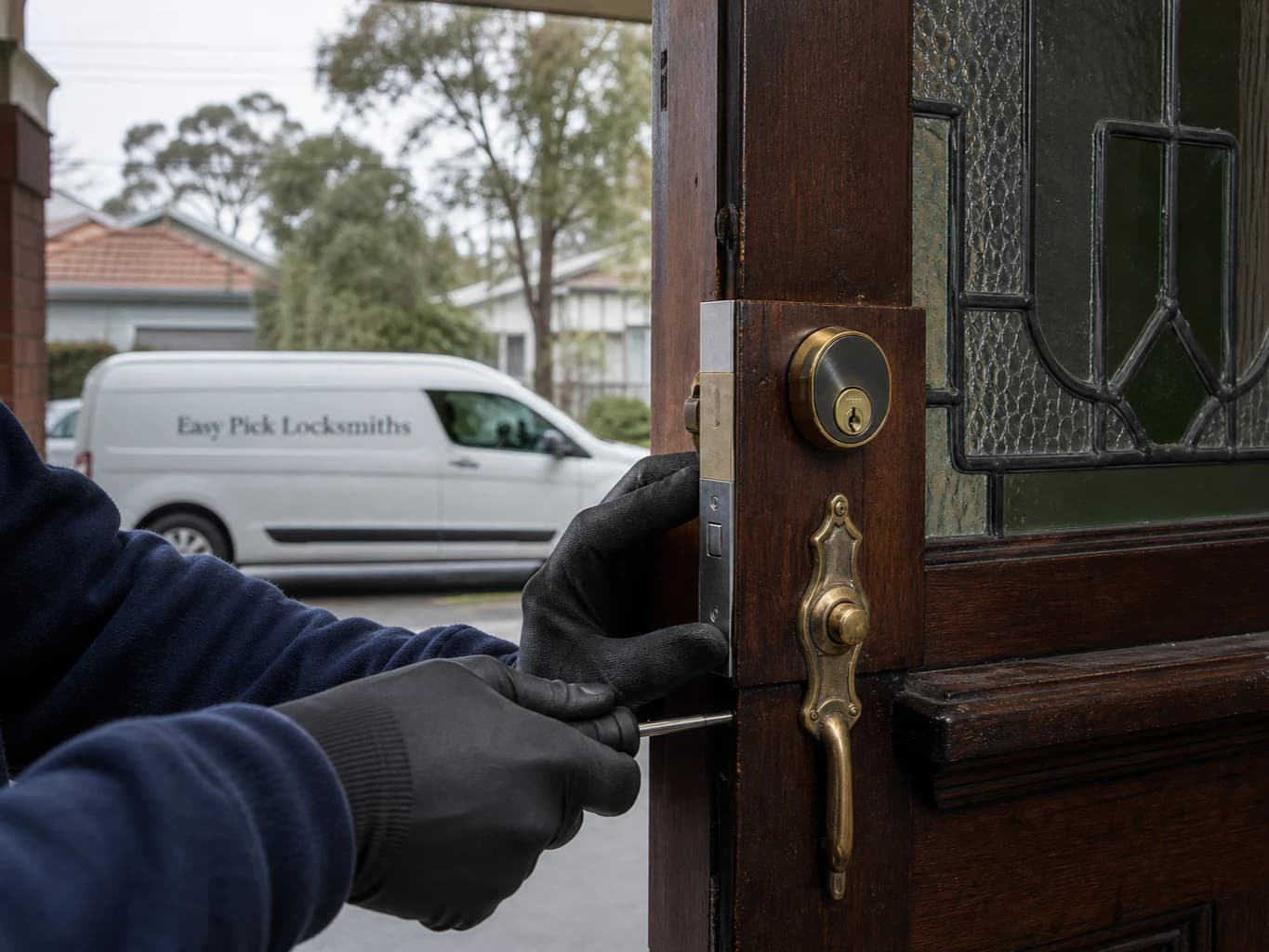 A locksmith working on a front door in Glen Iris VIC 3146, the Easy Pick Locksmiths van at the kerb