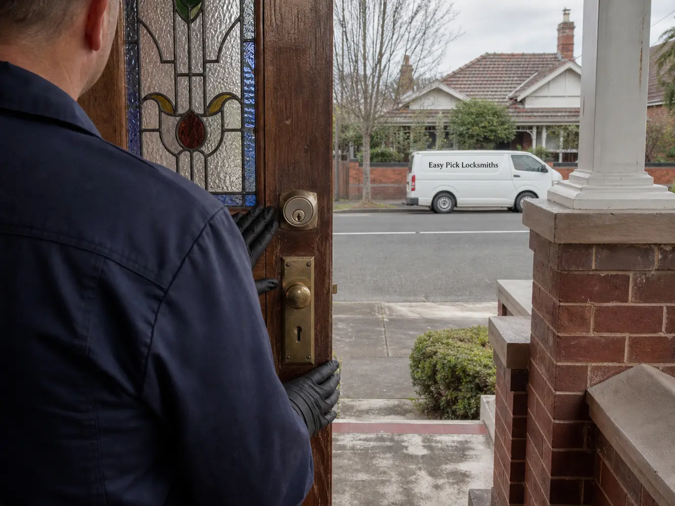 A locksmith working on a front door in Hawthorn East VIC 3123, the Easy Pick Locksmiths van at the kerb