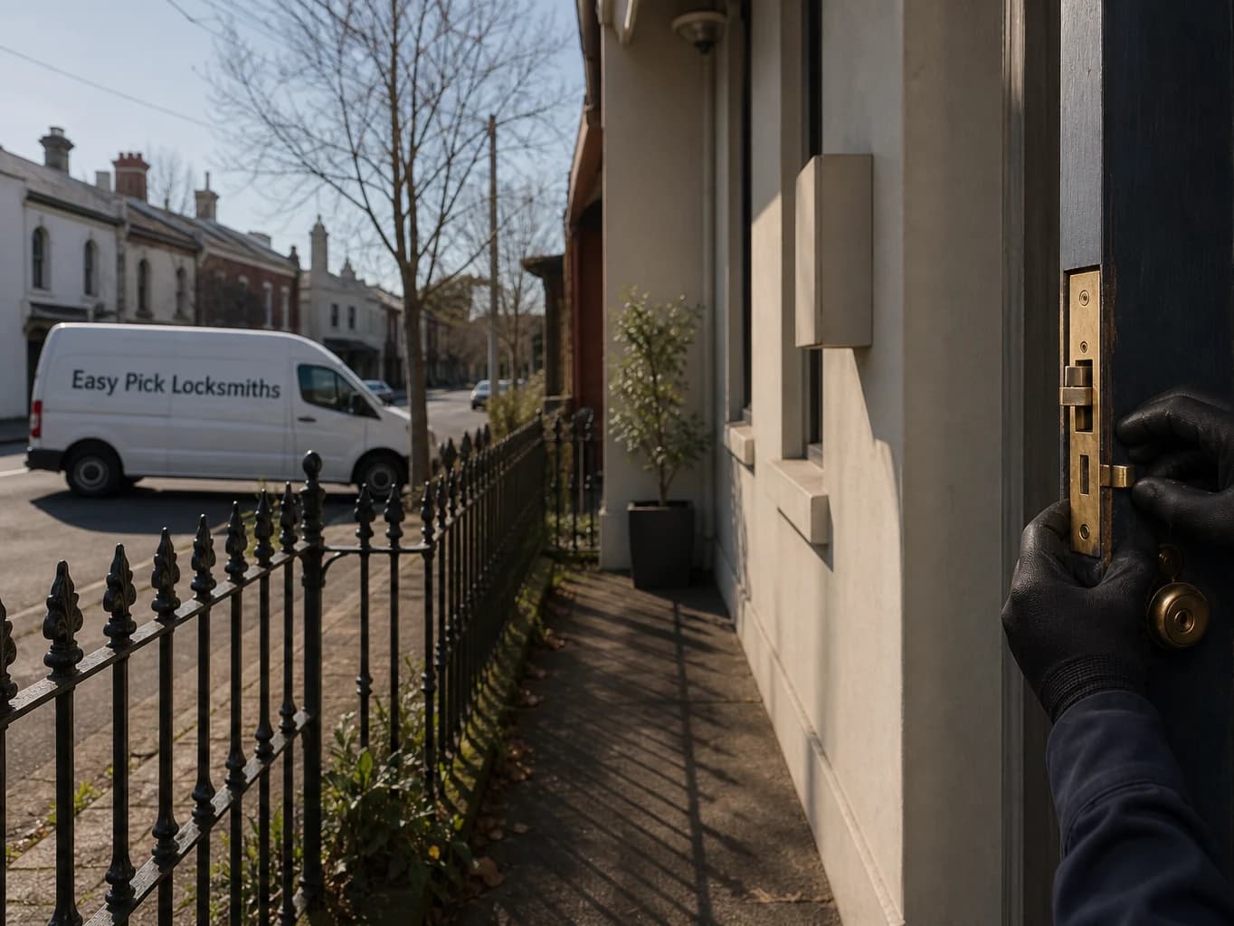 A locksmith working on a front door in Hawthorn VIC 3122, the Easy Pick Locksmiths van at the kerb