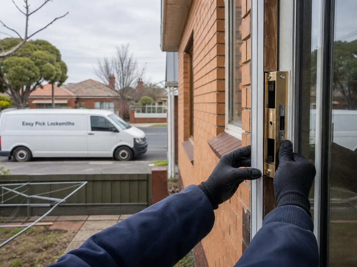A locksmith working on a front door in Heidelberg VIC 3084, the Easy Pick Locksmiths van at the kerb