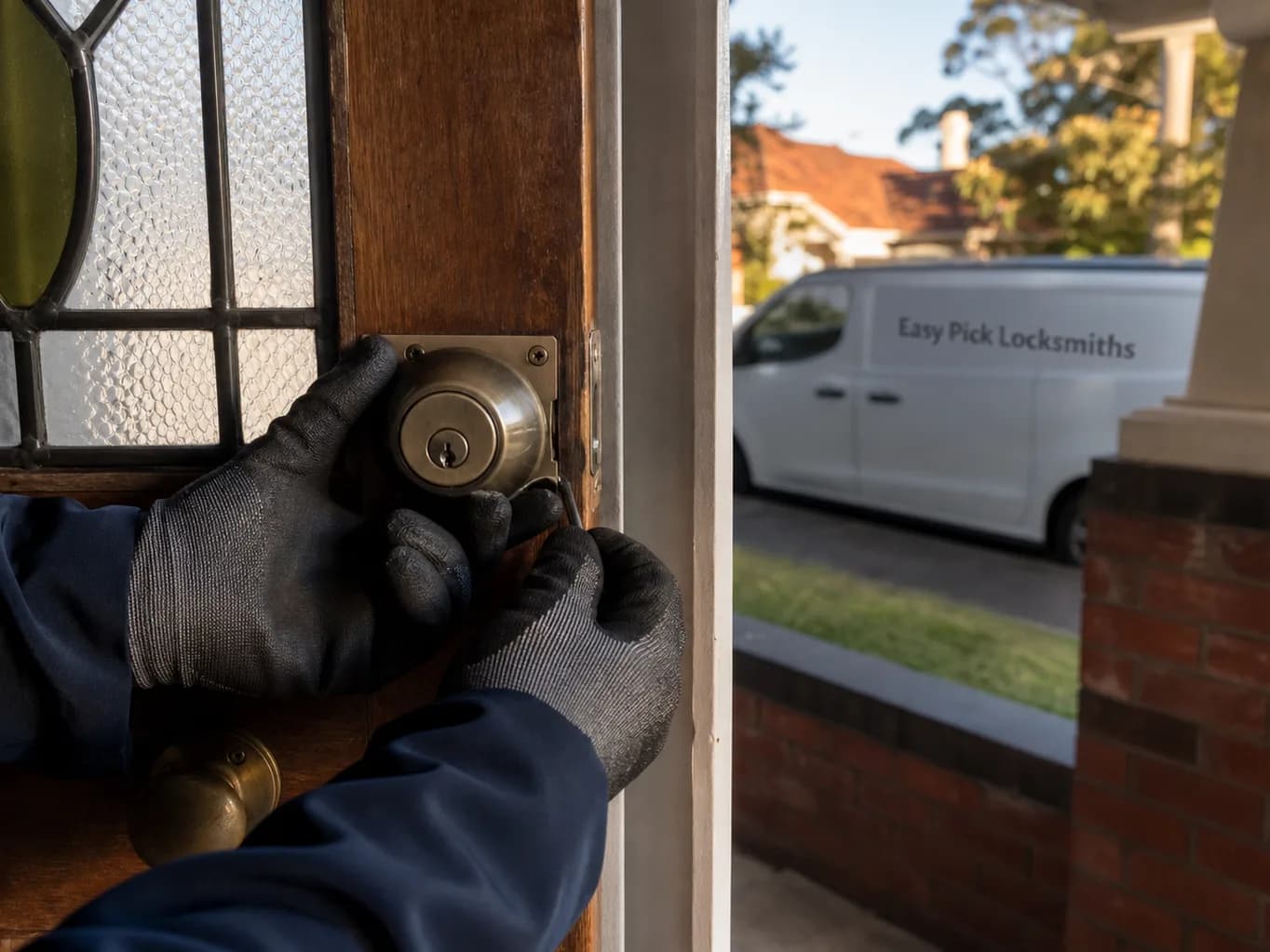 A locksmith working on a front door in Ivanhoe VIC 3079, the Easy Pick Locksmiths van at the kerb