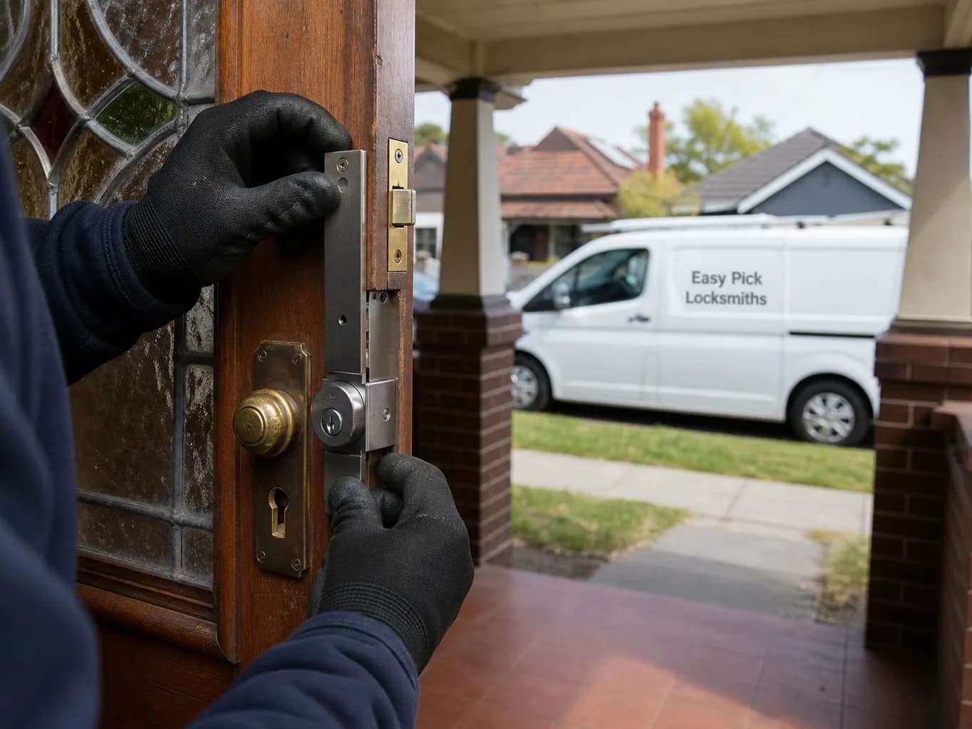 A locksmith working on a front door in Kew East VIC 3102, the Easy Pick Locksmiths van at the kerb
