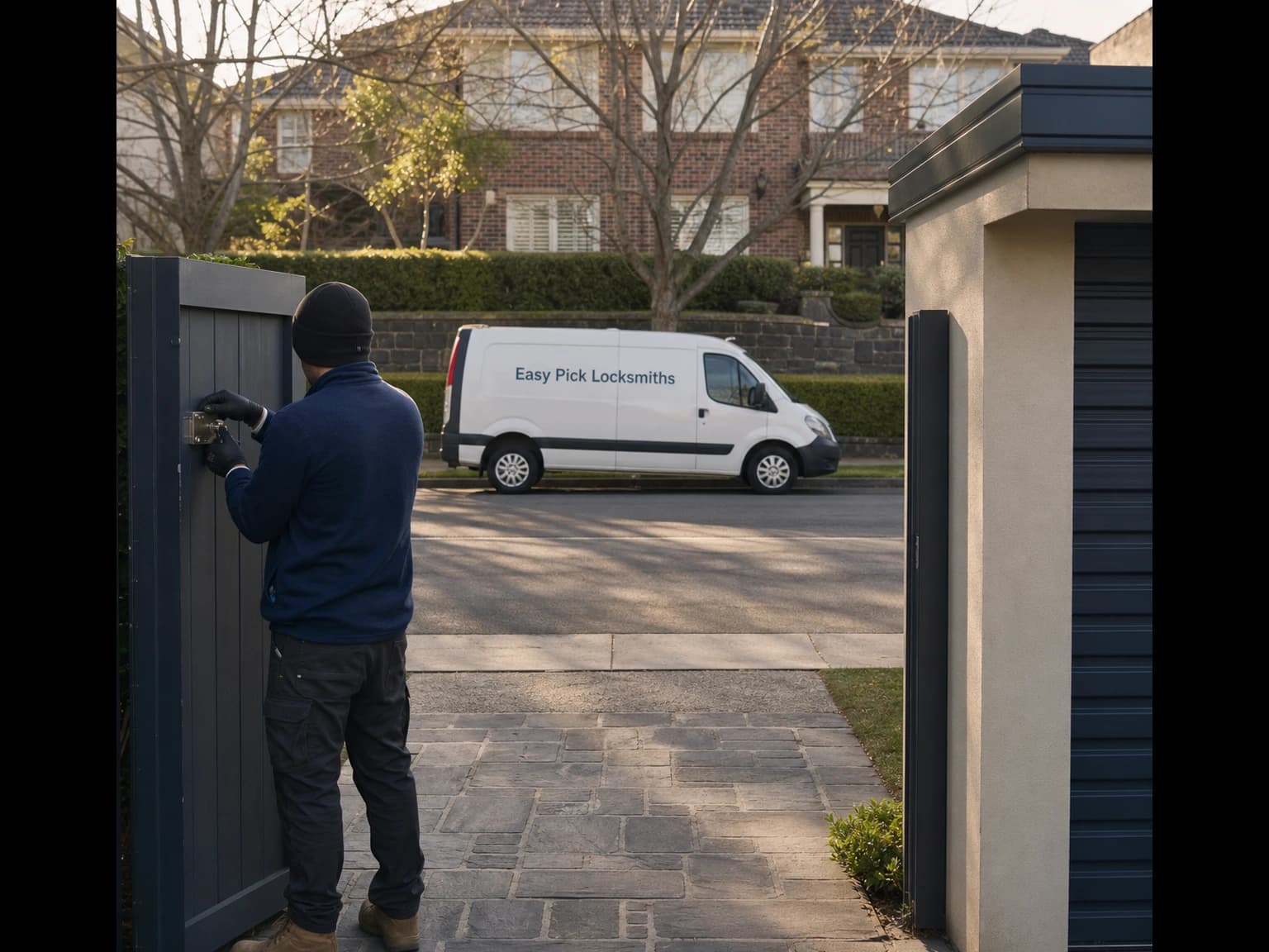A locksmith working on a front door in Kew VIC 3101, the Easy Pick Locksmiths van at the kerb