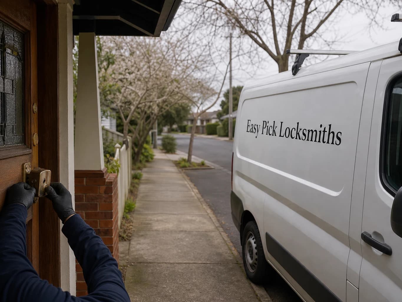 A locksmith working on a front door in Kingsville VIC 3012, the Easy Pick Locksmiths van at the kerb